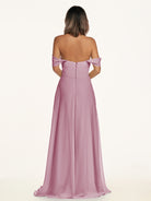 KissDress-Breona Vintage Mauve A Line Chiffon Off the Shoulder Twisted Long Bridesmaid Dress