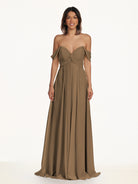 KissDress-Breona Willow Green A Line Chiffon Off the Shoulder Twisted Long Bridesmaid Dress