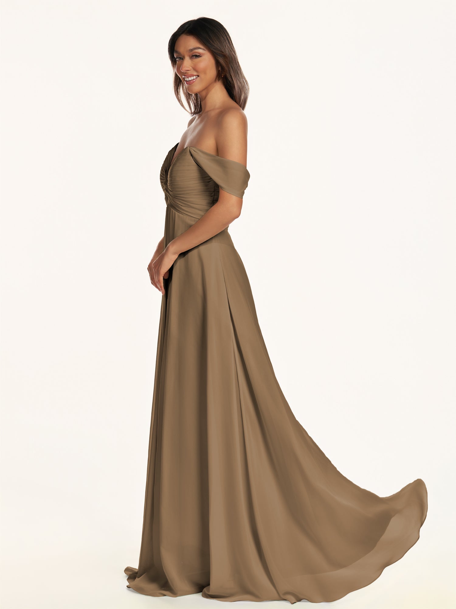 KissDress-Breona Willow Green A Line Chiffon Off the Shoulder Twisted Long Bridesmaid Dress
