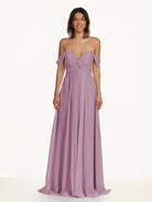 KissDress-Breona Wisteria A Line Chiffon Off the Shoulder Twisted Long Bridesmaid Dress