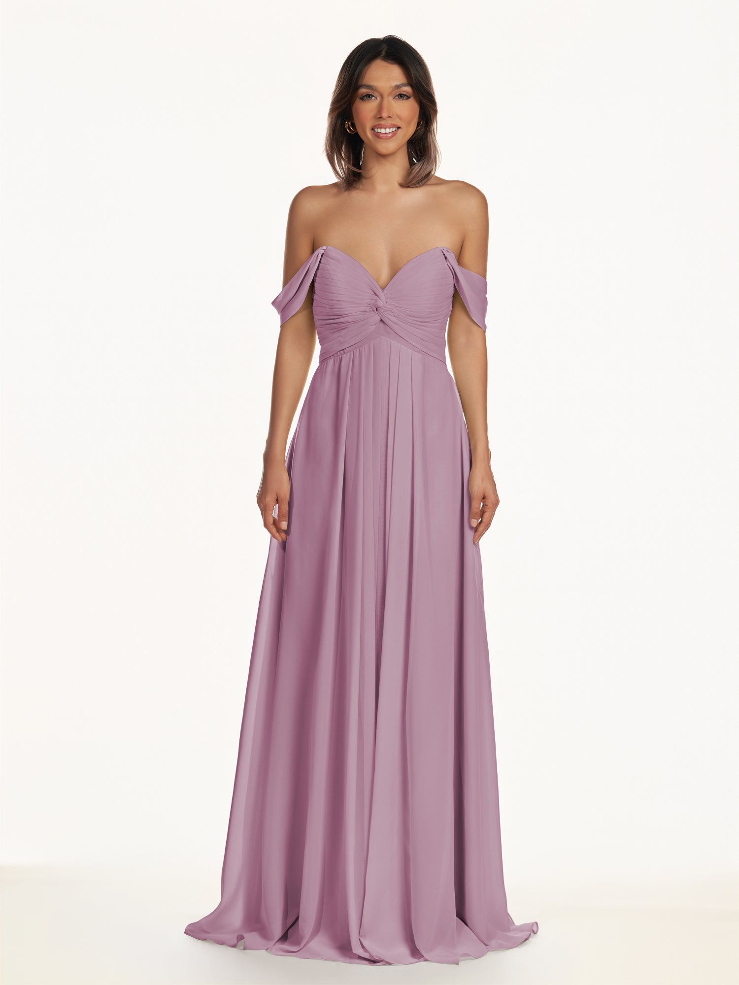 KissDress-Breona Wisteria A Line Chiffon Off the Shoulder Twisted Long Bridesmaid Dress