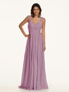 KissDress-Breona Wisteria A Line Chiffon Off the Shoulder Twisted Long Bridesmaid Dress