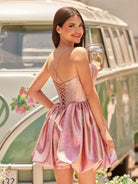 Briala | Pink - A Line Metallic Jacquard Scoop Neck Corset Short Homecoming Dresses - KissProm