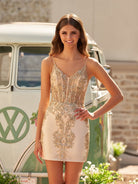 Sheath V - neck Spaghetti Straps Bodice Mini Short Homecoming Dress - KissProm