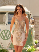 Sheath V - neck Spaghetti Straps Bodice Mini Short Homecoming Dress - KissProm