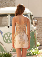 Sheath V - neck Spaghetti Straps Bodice Mini Short Homecoming Dress - KissProm