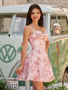 Calanthy | Pink - A Line Short Floral Cowl Neckline Corset Homecoming Dresses - KissProm