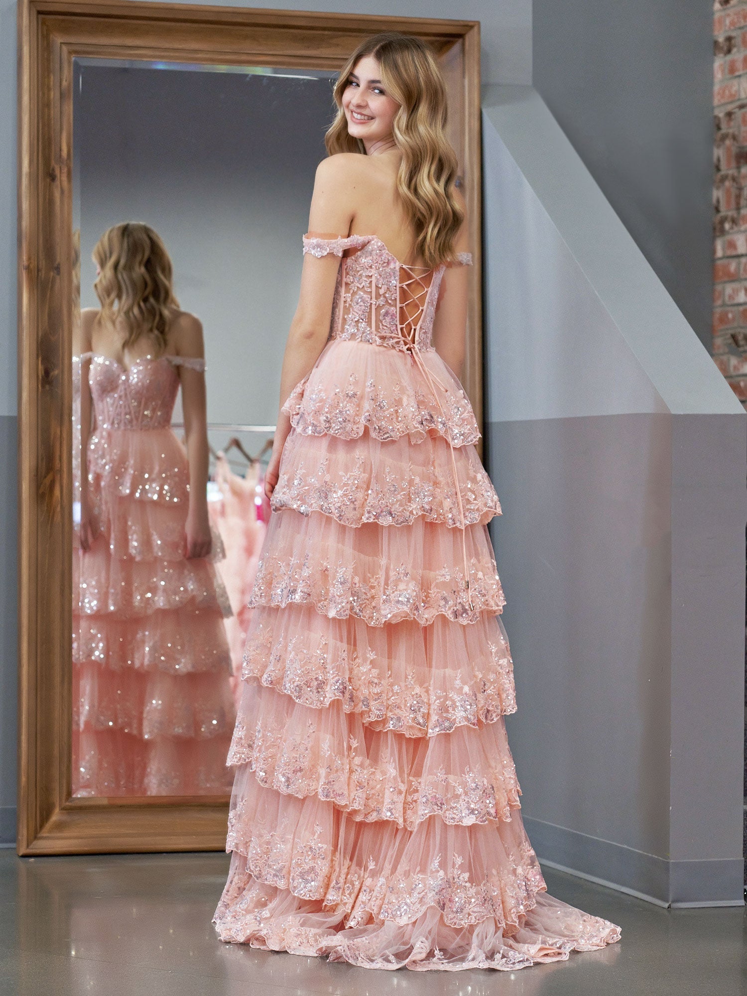 Pink Crystal Sequins Princess A Line Off the Shoulder Prom Dress with Lace Ruffles