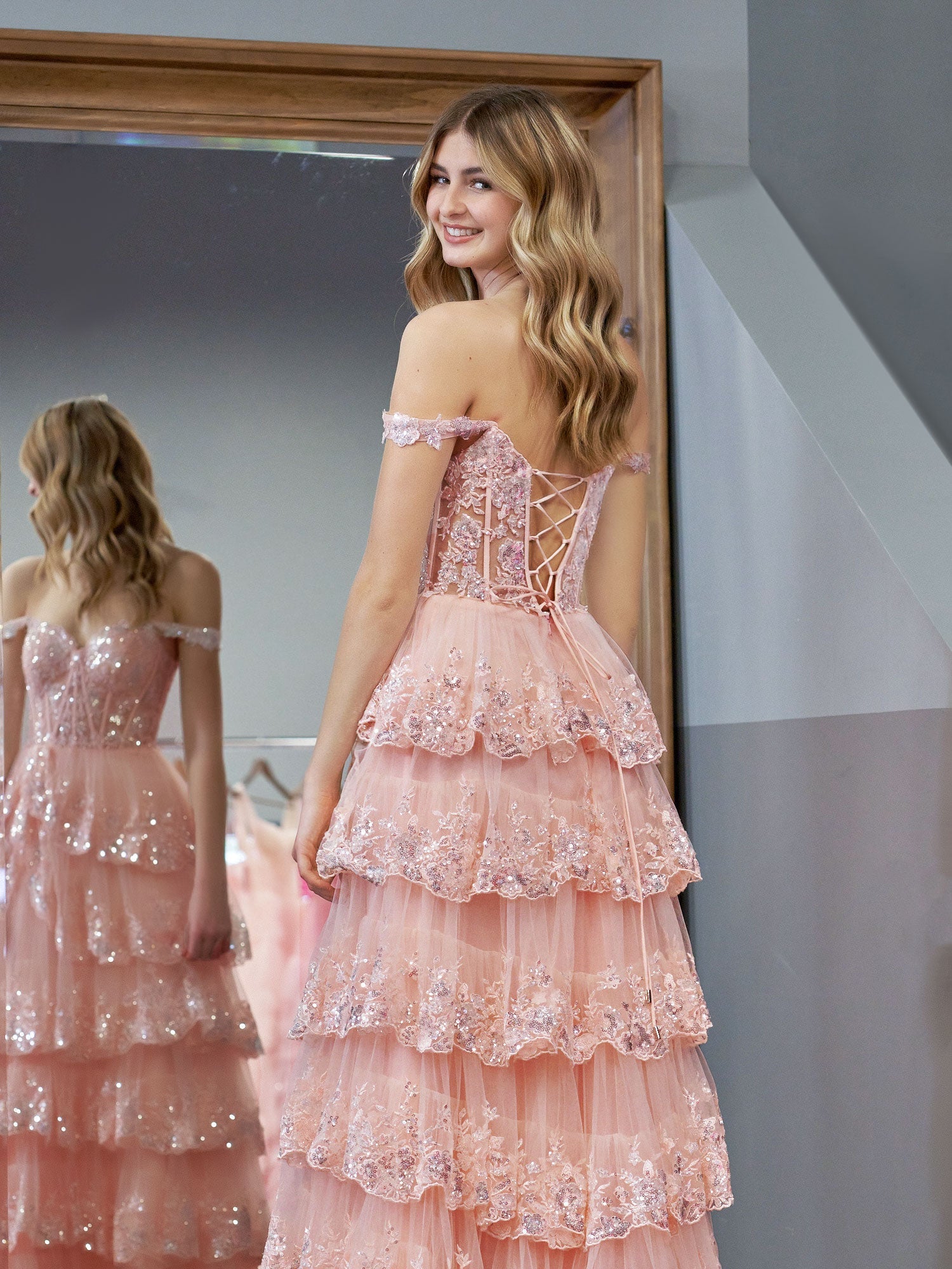 Pink Crystal Sequins Princess A Line Off the Shoulder Prom Dress with Lace Ruffles