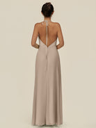 KissDress-Caris Almond A Line Chiffon Halter Neck Pleated Long Bridesmaid Dress with Slit