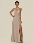 KissDress-Caris Almond A Line Chiffon Halter Neck Pleated Long Bridesmaid Dress with Slit