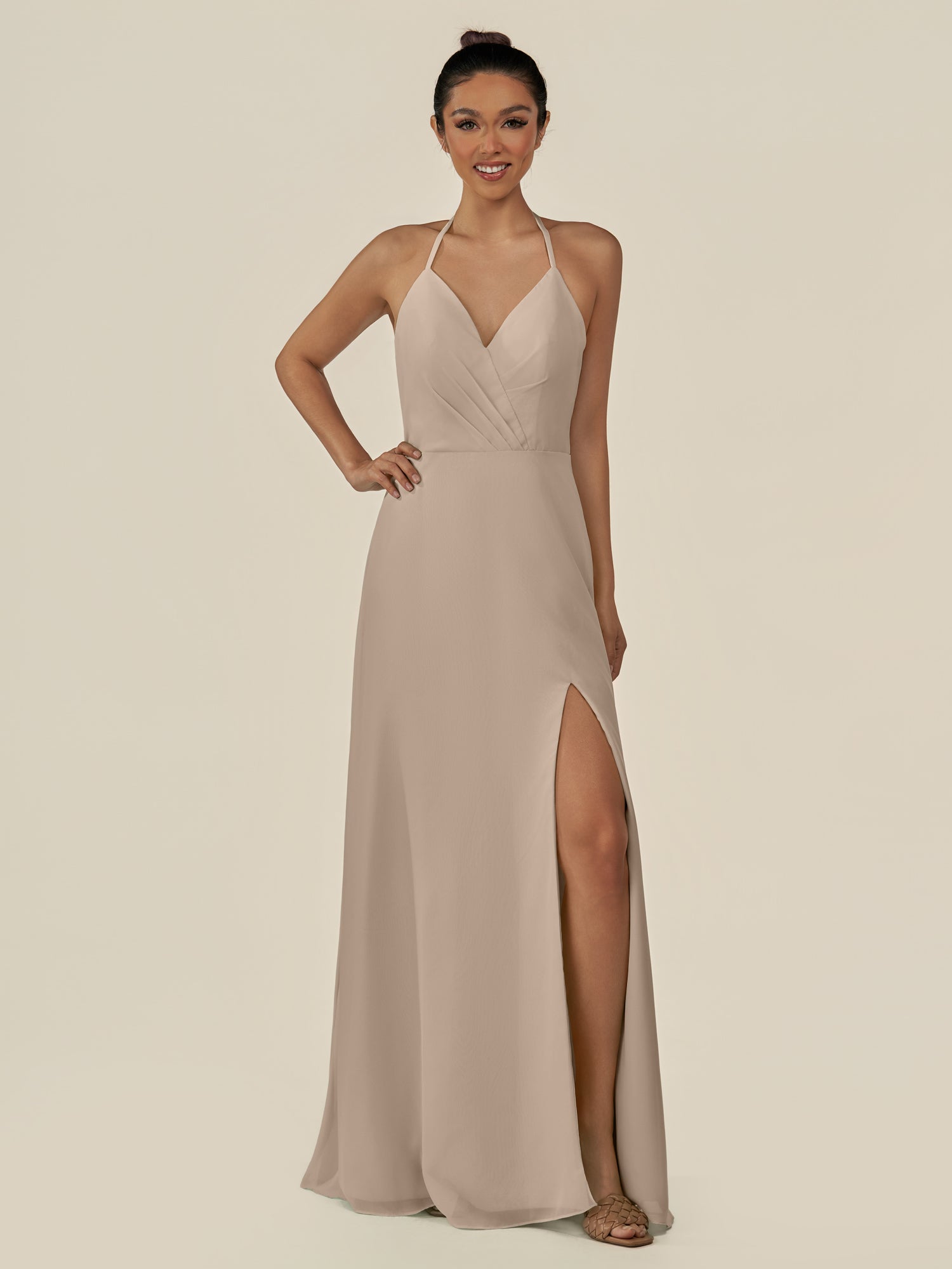 KissDress-Caris Almond A Line Chiffon Halter Neck Pleated Long Bridesmaid Dress with Slit