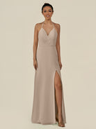 KissDress-Caris Almond A Line Chiffon Halter Neck Pleated Long Bridesmaid Dress with Slit