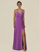 KissDress-Caris Amethyst A Line Chiffon Halter Neck Pleated Long Bridesmaid Dress with Slit