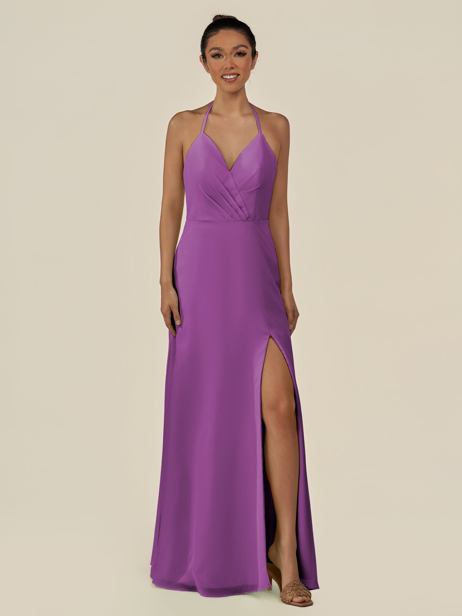 KissDress-Caris Amethyst A Line Chiffon Halter Neck Pleated Long Bridesmaid Dress with Slit
