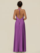 KissDress-Caris Amethyst A Line Chiffon Halter Neck Pleated Long Bridesmaid Dress with Slit