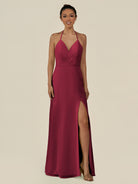 KissDress-Caris Berry A Line Chiffon Halter Neck Pleated Long Bridesmaid Dress with Slit