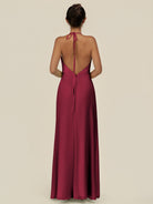 KissDress-Caris Berry A Line Chiffon Halter Neck Pleated Long Bridesmaid Dress with Slit