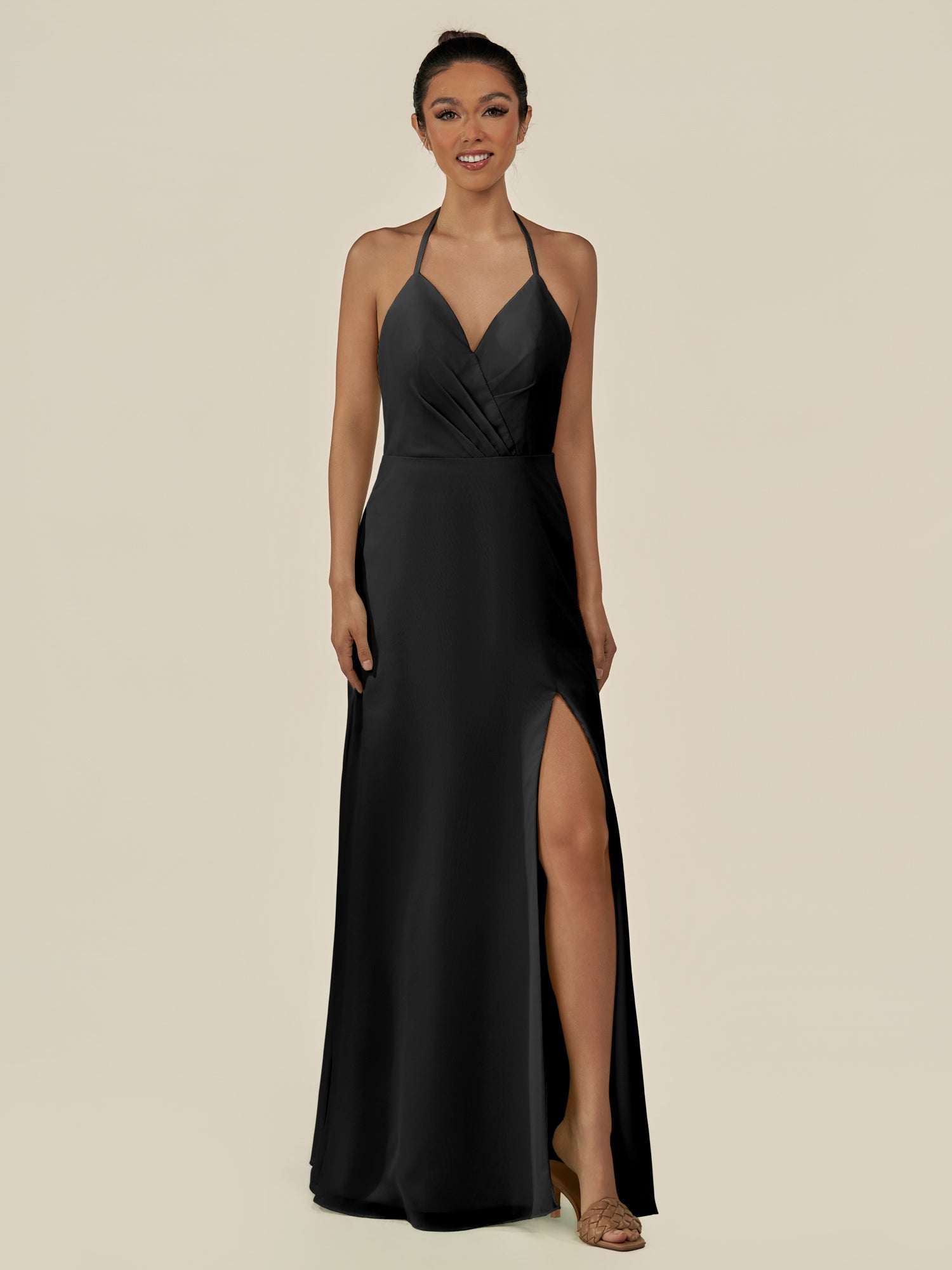 KissDress-Caris Black A Line Chiffon Halter Neck Pleated Long Bridesmaid Dress with Slit