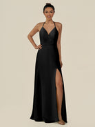 KissDress-Caris Black A Line Chiffon Halter Neck Pleated Long Bridesmaid Dress with Slit