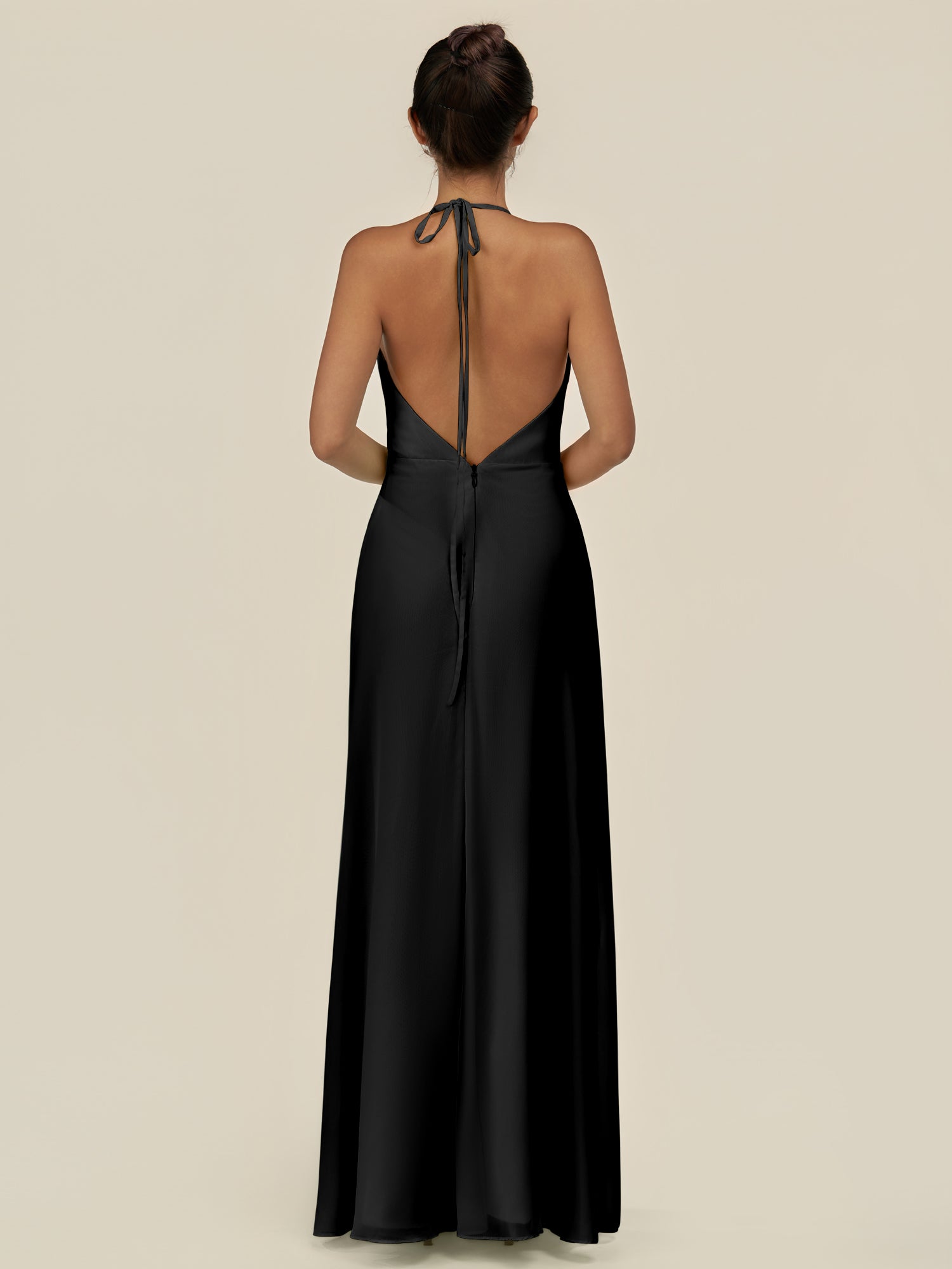 KissDress-Caris Black A Line Chiffon Halter Neck Pleated Long Bridesmaid Dress with Slit