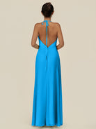 KissDress-Caris Blue Jay A Line Chiffon Halter Neck Pleated Long Bridesmaid Dress with Slit