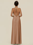 KissDress-Caris Bronzer A Line Chiffon Halter Neck Pleated Long Bridesmaid Dress with Slit