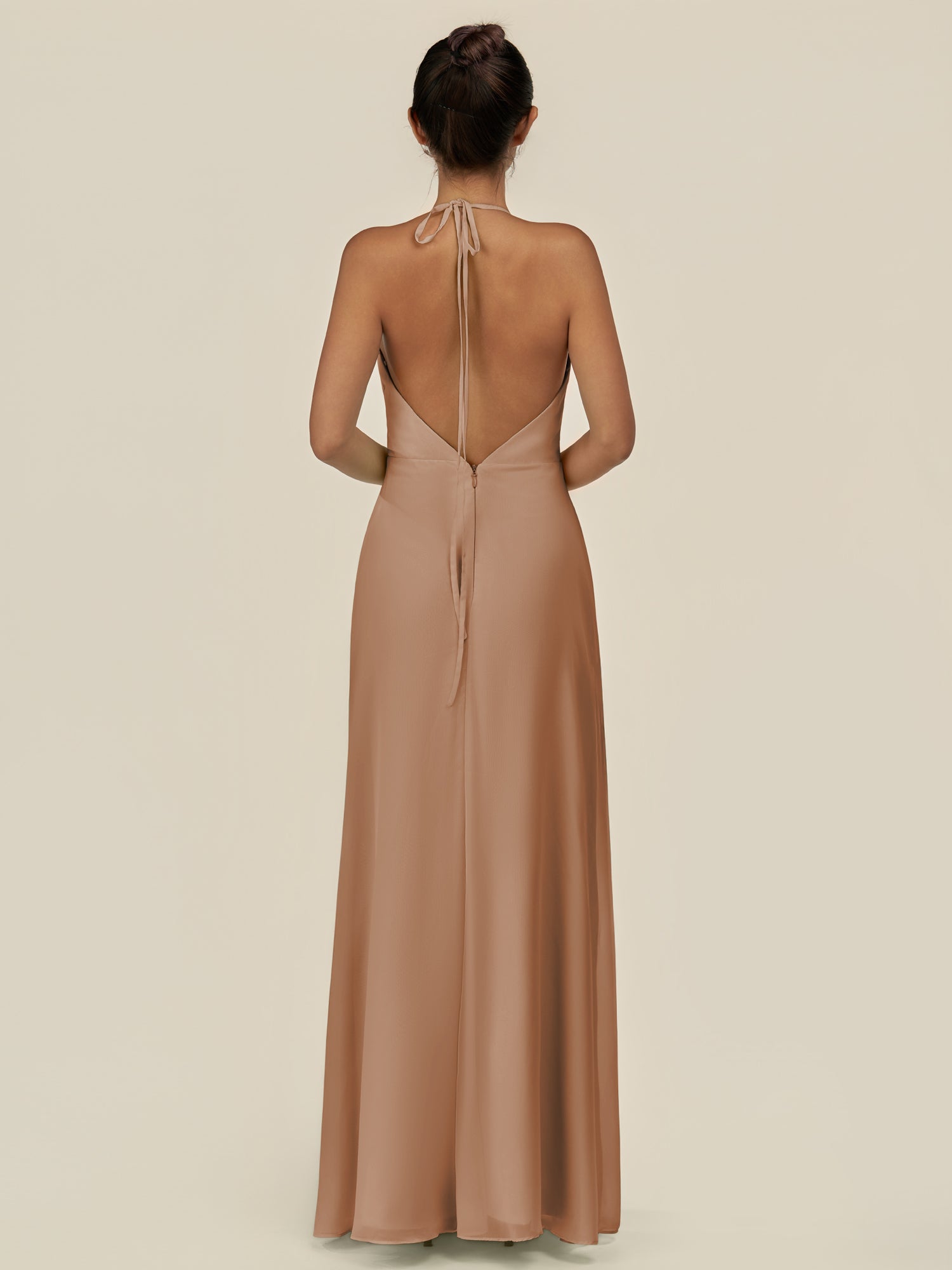 KissDress-Caris Bronzer A Line Chiffon Halter Neck Pleated Long Bridesmaid Dress with Slit