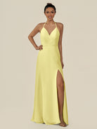 KissDress-Caris Buttercup A Line Chiffon Halter Neck Pleated Long Bridesmaid Dress with Slit