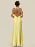 KissDress-Caris Buttercup A Line Chiffon Halter Neck Pleated Long Bridesmaid Dress with Slit