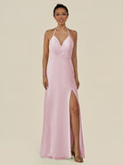 KissDress-Caris Candy Pink A Line Chiffon Halter Neck Pleated Long Bridesmaid Dress with Slit
