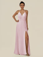 KissDress-Caris Candy Pink A Line Chiffon Halter Neck Pleated Long Bridesmaid Dress with Slit