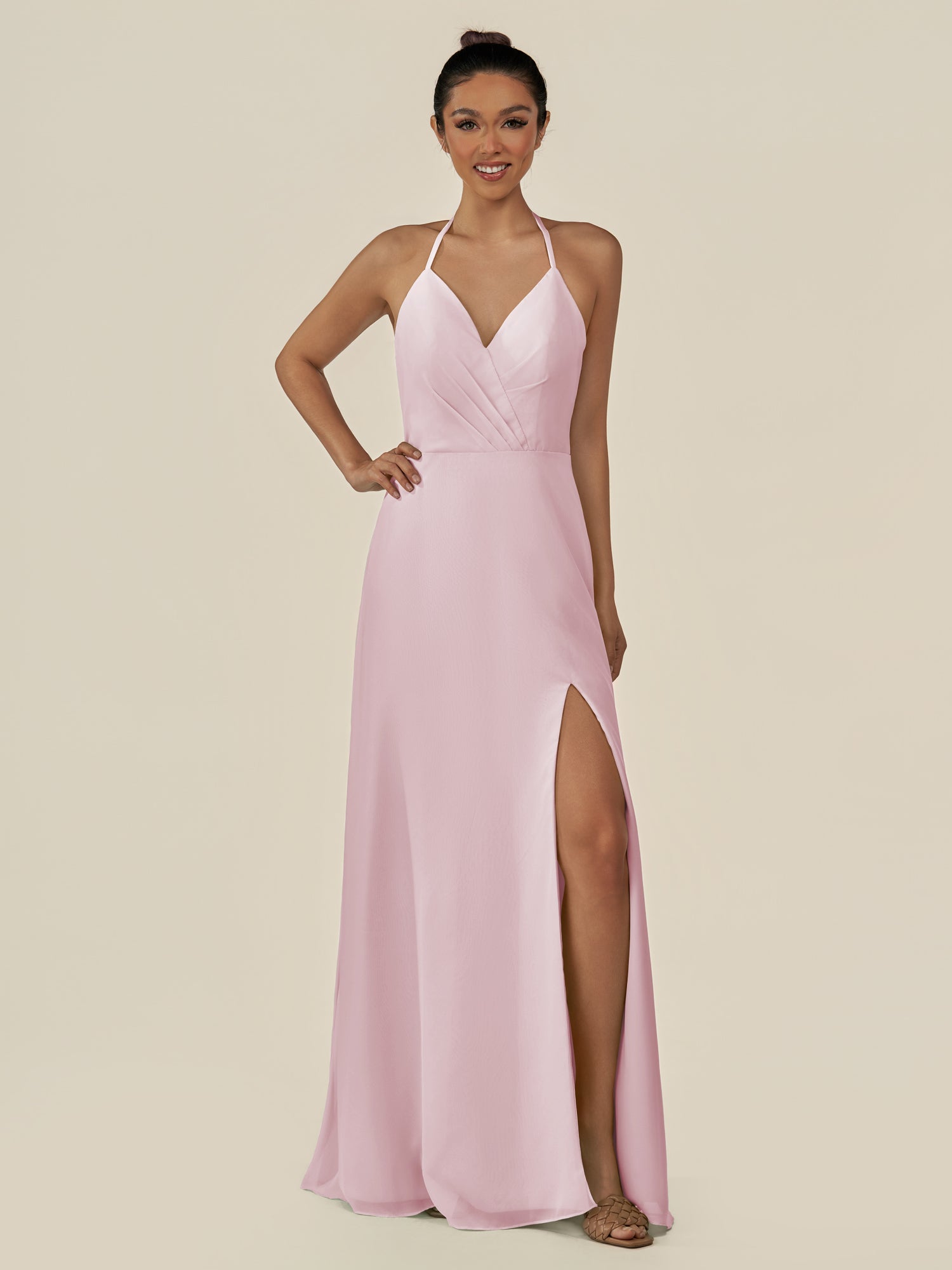 KissDress-Caris Candy Pink A Line Chiffon Halter Neck Pleated Long Bridesmaid Dress with Slit