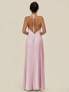 KissDress-Caris Candy Pink A Line Chiffon Halter Neck Pleated Long Bridesmaid Dress with Slit