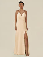 KissDress-Caris Champagne A Line Chiffon Halter Neck Pleated Long Bridesmaid Dress with Slit