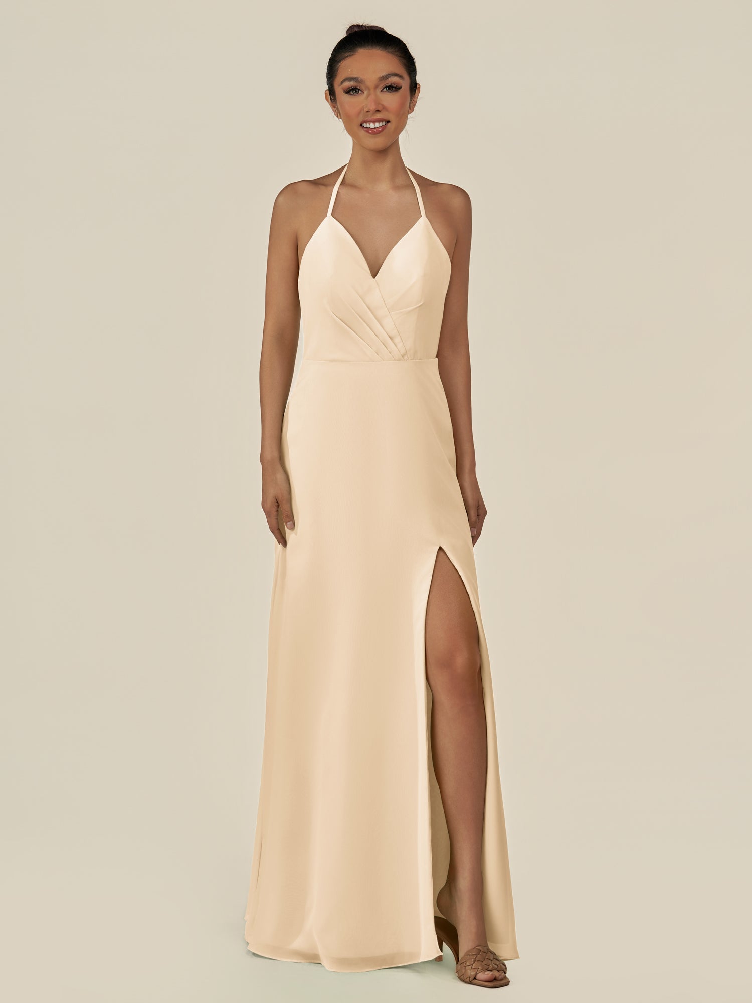 KissDress-Caris Champagne A Line Chiffon Halter Neck Pleated Long Bridesmaid Dress with Slit