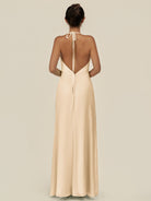 KissDress-Caris Champagne A Line Chiffon Halter Neck Pleated Long Bridesmaid Dress with Slit