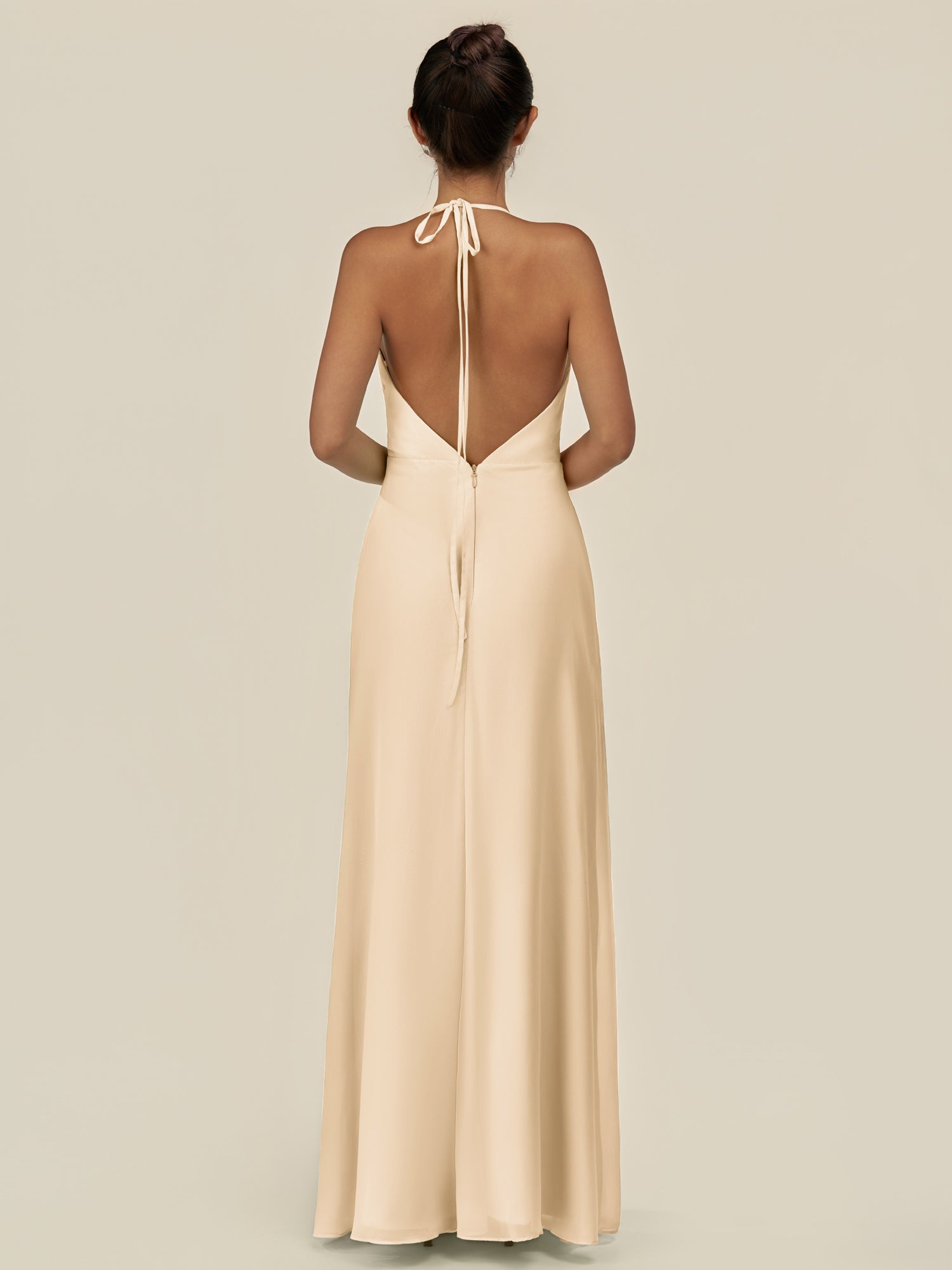 KissDress-Caris Champagne A Line Chiffon Halter Neck Pleated Long Bridesmaid Dress with Slit