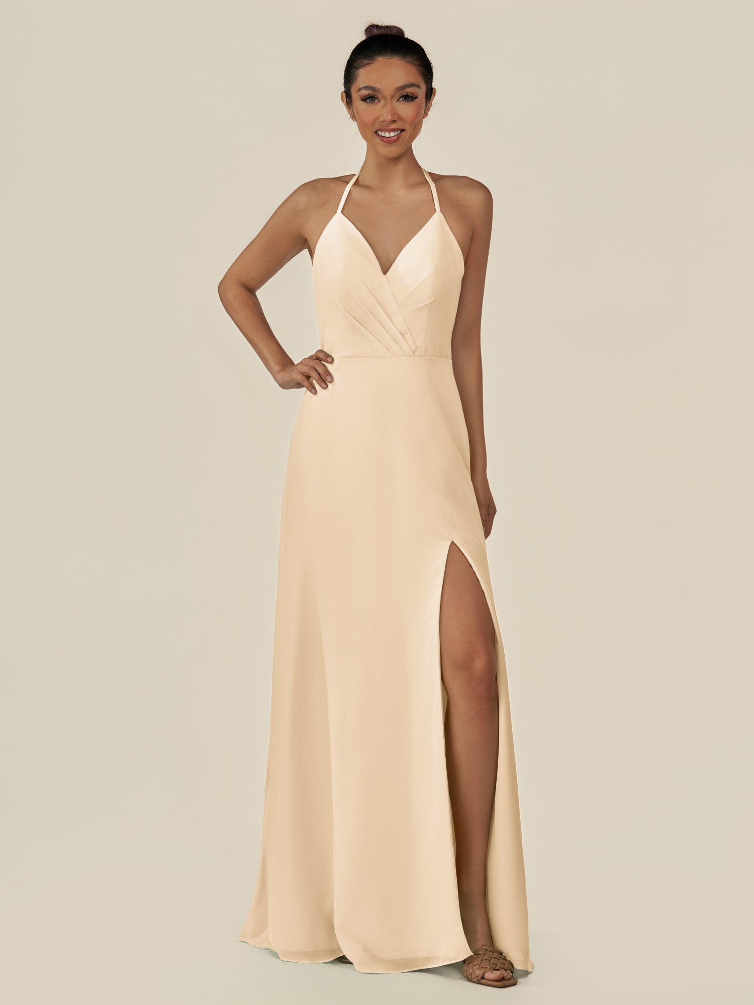 KissDress-Caris Champagne A Line Chiffon Halter Neck Pleated Long Bridesmaid Dress with Slit