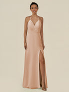 KissDress-Caris Champagne Rose A Line Chiffon Halter Neck Pleated Long Bridesmaid Dress with Slit