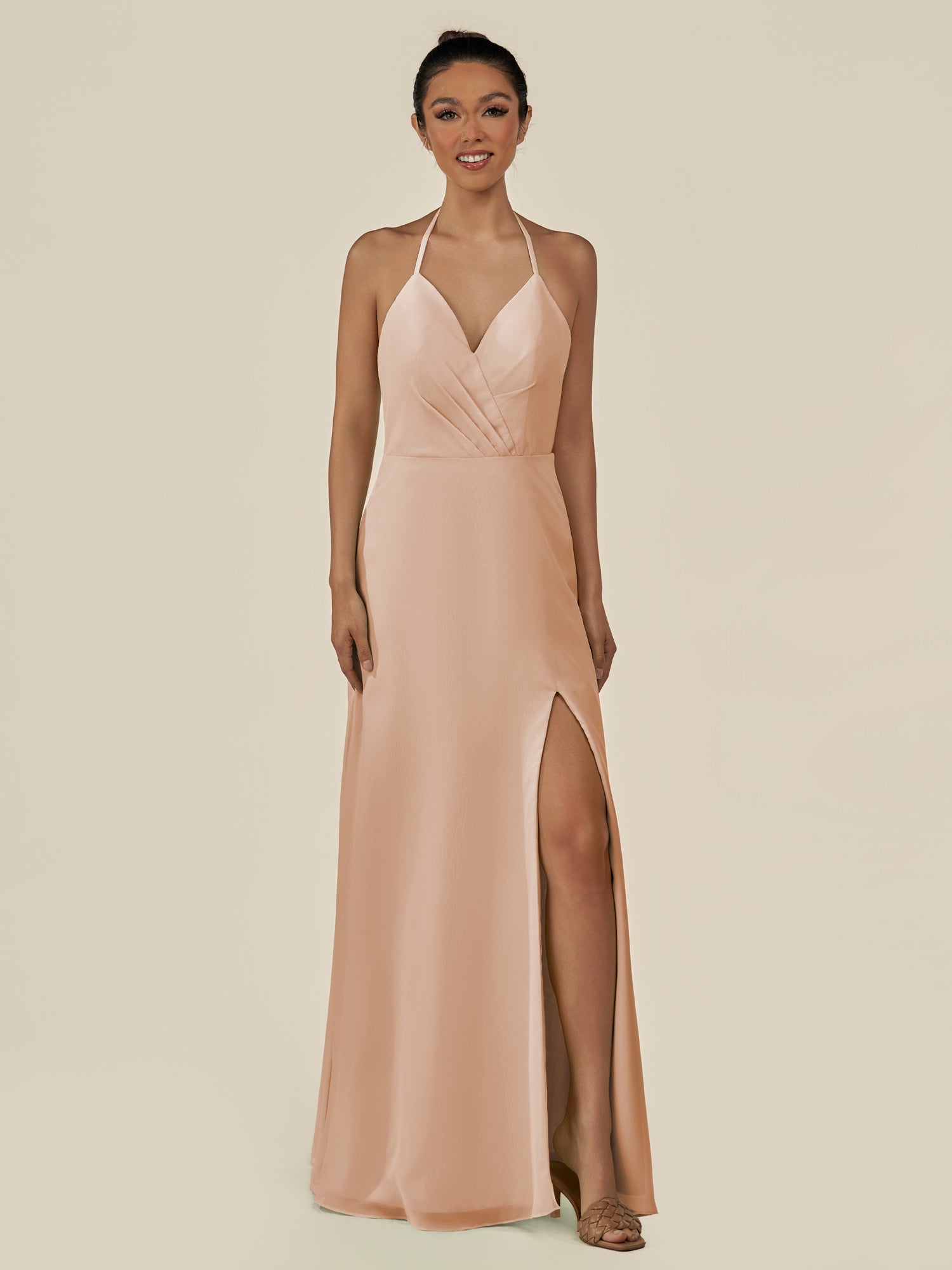 KissDress-Caris Champagne Rose A Line Chiffon Halter Neck Pleated Long Bridesmaid Dress with Slit