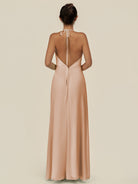 KissDress-Caris Champagne Rose A Line Chiffon Halter Neck Pleated Long Bridesmaid Dress with Slit