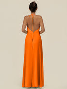 KissDress-Caris Cinnamon A Line Chiffon Halter Neck Pleated Long Bridesmaid Dress with Slit