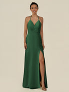 KissDress-Caris Dark Green A Line Chiffon Halter Neck Pleated Long Bridesmaid Dress with Slit