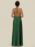 KissDress-Caris Dark Green A Line Chiffon Halter Neck Pleated Long Bridesmaid Dress with Slit