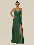 KissDress-Caris Dark Green A Line Chiffon Halter Neck Pleated Long Bridesmaid Dress with Slit