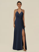 KissDress-Caris Dark Navy A Line Chiffon Halter Neck Pleated Long Bridesmaid Dress with Slit