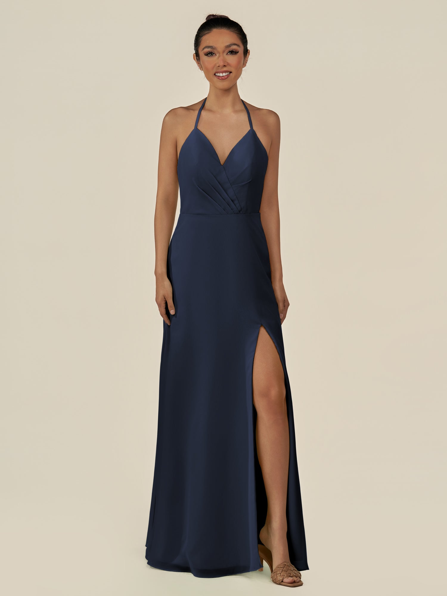 KissDress-Caris Dark Navy A Line Chiffon Halter Neck Pleated Long Bridesmaid Dress with Slit