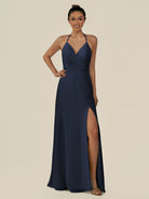 KissDress-Caris Dark Navy A Line Chiffon Halter Neck Pleated Long Bridesmaid Dress with Slit