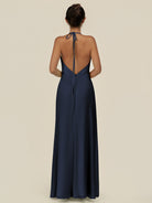 KissDress-Caris Dark Navy A Line Chiffon Halter Neck Pleated Long Bridesmaid Dress with Slit
